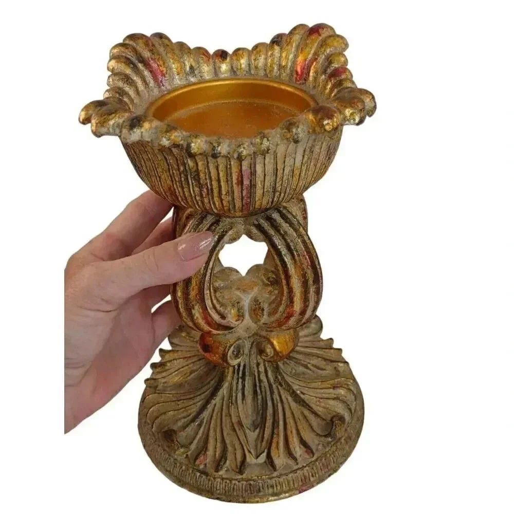 Distressed Pedestal Pillar Candle Holder Brown Brushed Gold Contemporary